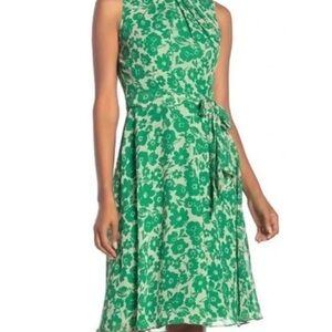 ELIZA J Green White Floral Print Sash Tie Waist A Line Sleeveless Dress Size 6
